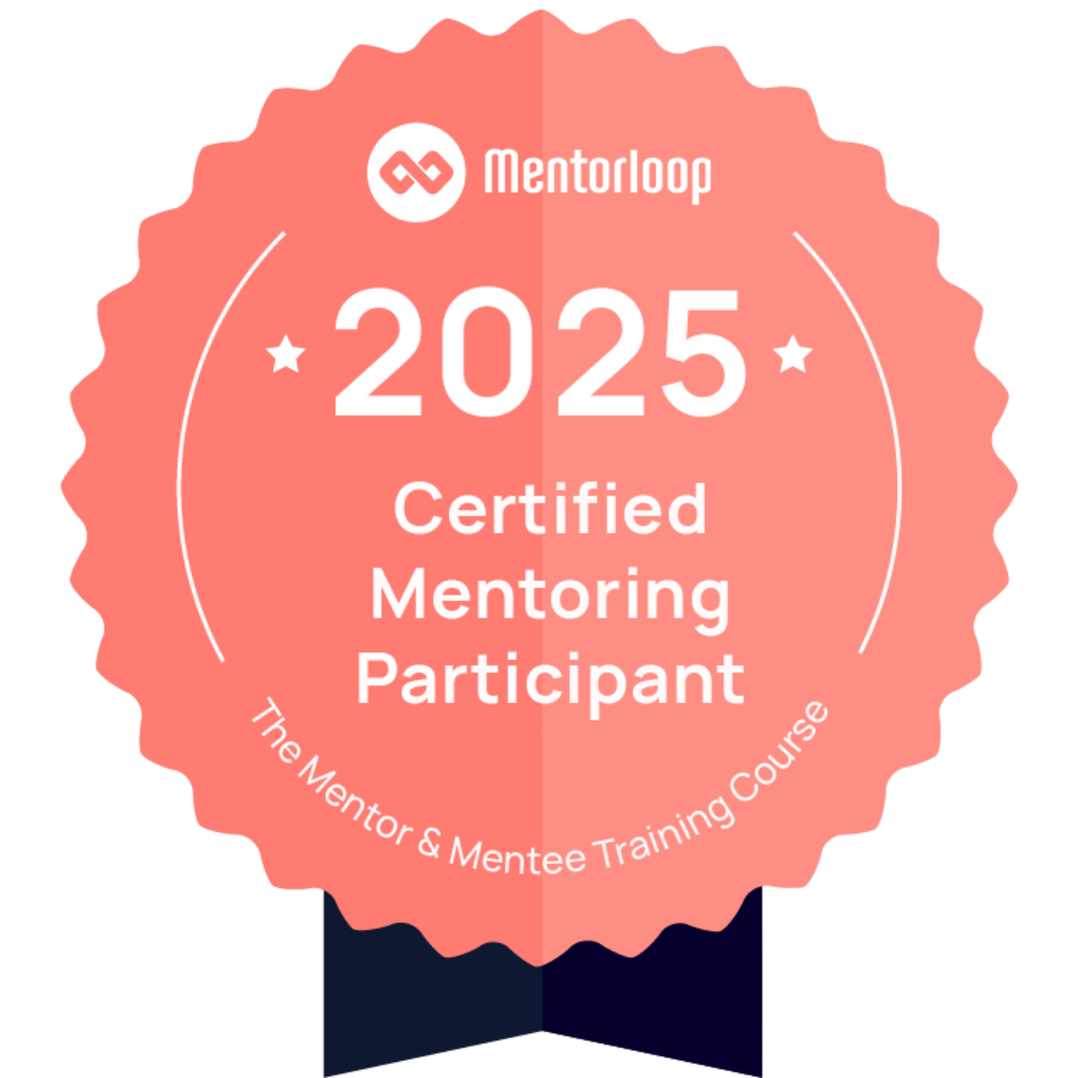 Certification badge from Mentorloop for 2025, indicating participation in the Mentoring Course, with a pink scalloped border and white text.