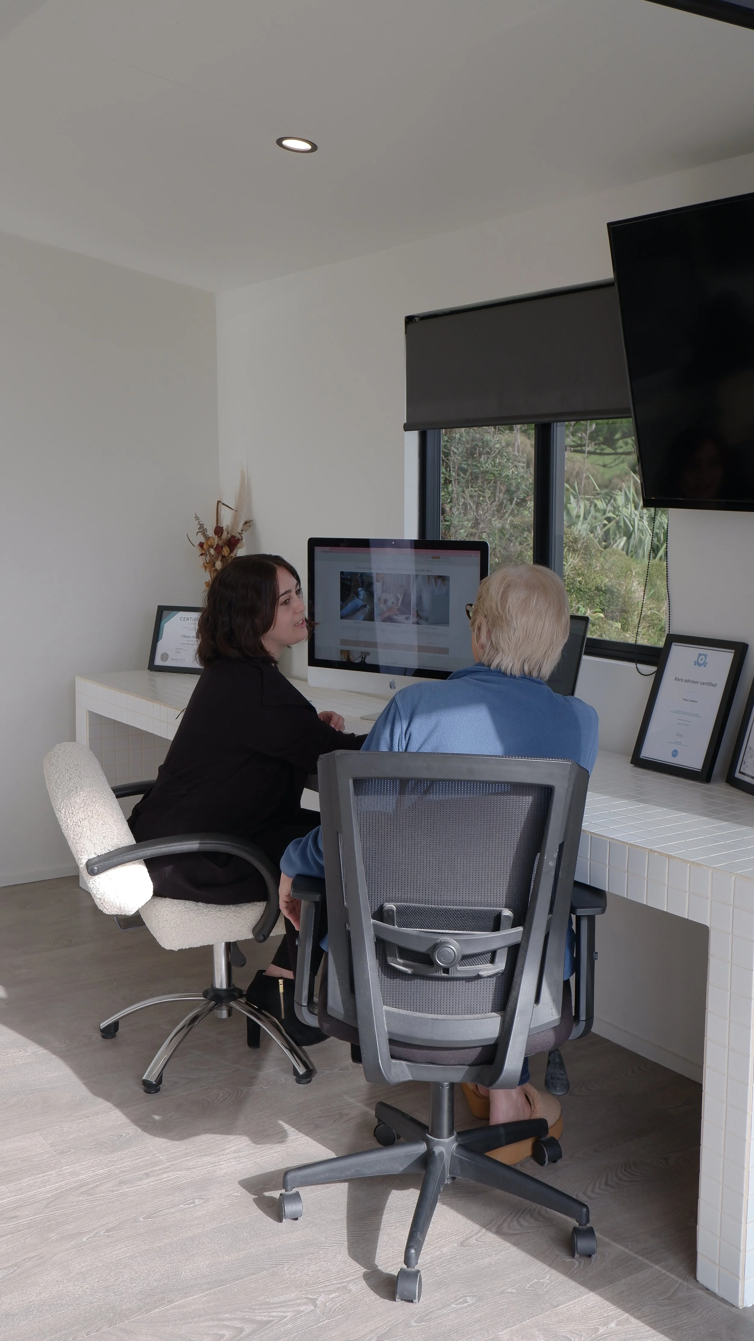 A woman and an elderly man are sitting at a desk with computers in an office. The woman is showing something on her computer to the man. The room has a window with a view of trees outside and framed certificates on the wall.