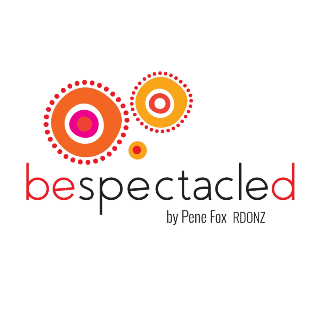 Logo for 'Bespectacled' with colorful circular designs and the text 'Pene Fox RDONZ'.