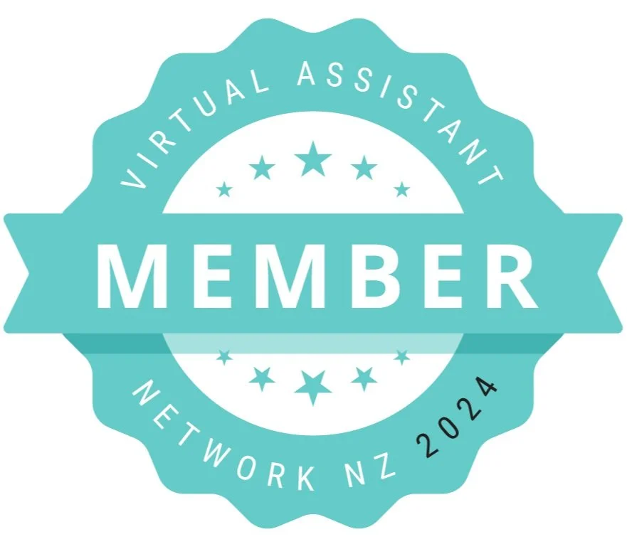 A turquoise badge with a scalloped edge that reads 'Virtual Assistant Member' at the top, 'Network NZ 2024' at the bottom, and has a central band with the word 'Member'. The badge features stars and a circle design.