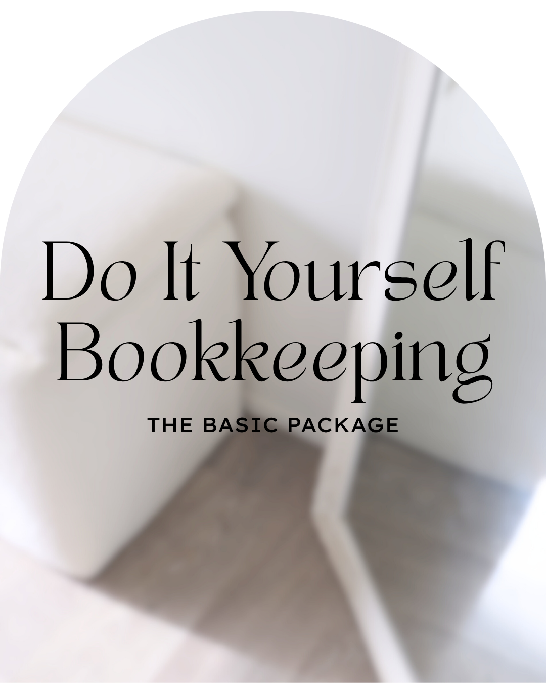 Book cover titled 'Do It Yourself Bookkeeping: The Basic Package' with a blurred white background chair and mirror