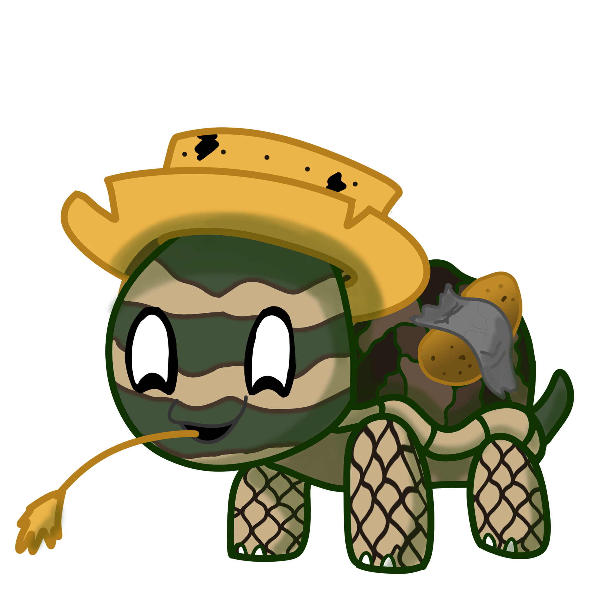 Spud strapped Farmer Turtle