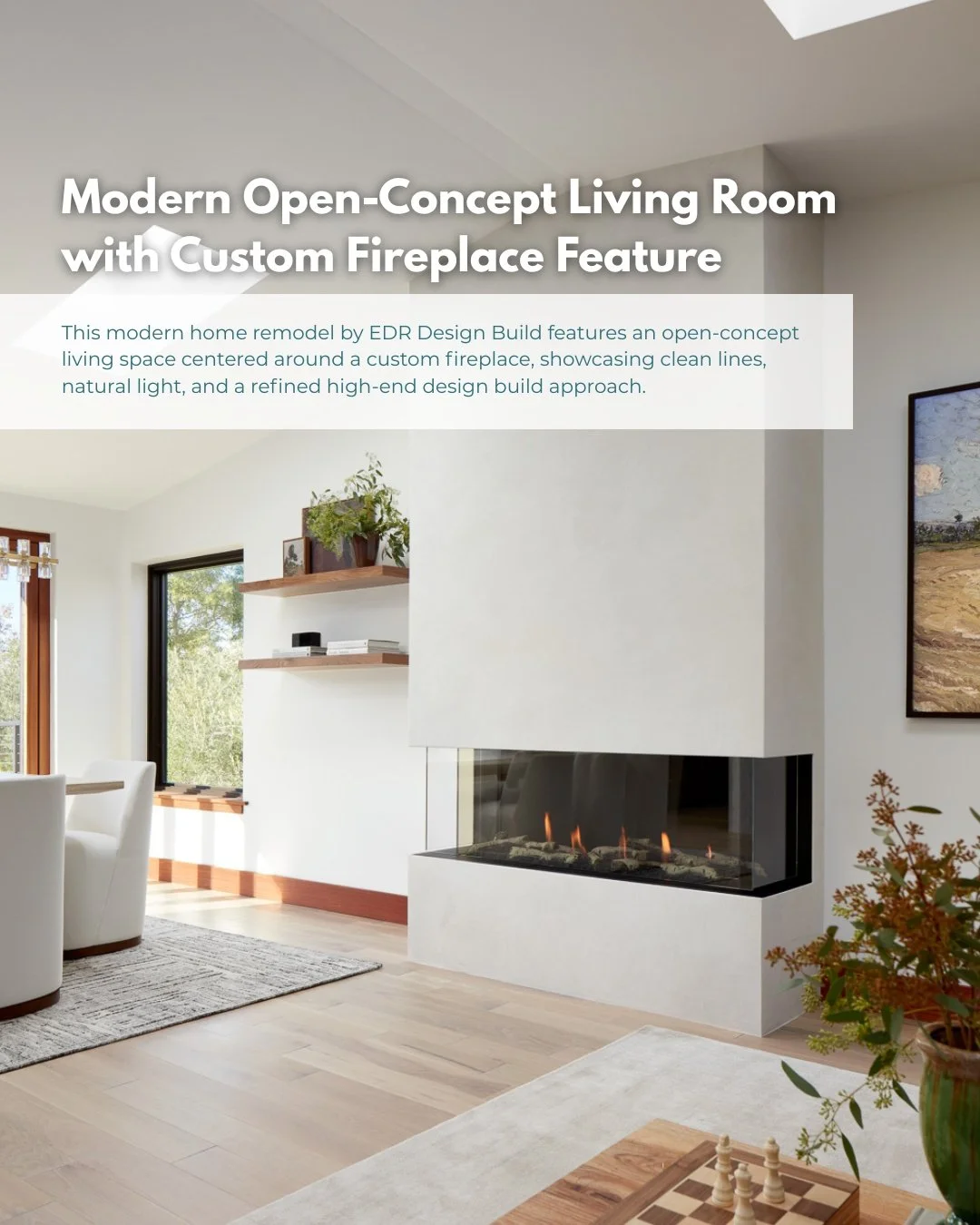 A statement fireplace anchors this open-concept living space, blending architectural simplicity with everyday comfort. ✨
As a high end design build firm, we approach every modern home remodel with a balance of form, function, and craftsmanship&mdash;