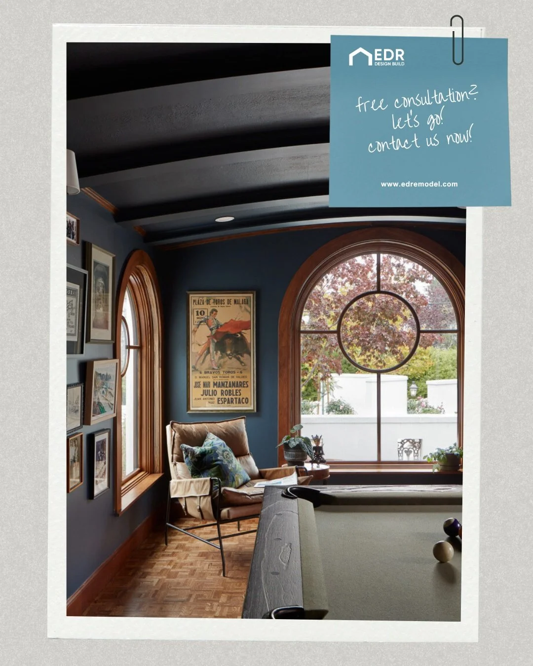 Bringing a sophisticated mood to this billiards room. From the deep navy walls to the custom coffered wood ceilings and arched windows, every detail was designed to create a timeless, high-end retreat.

At EDR Design Build, we specialize in bringing 