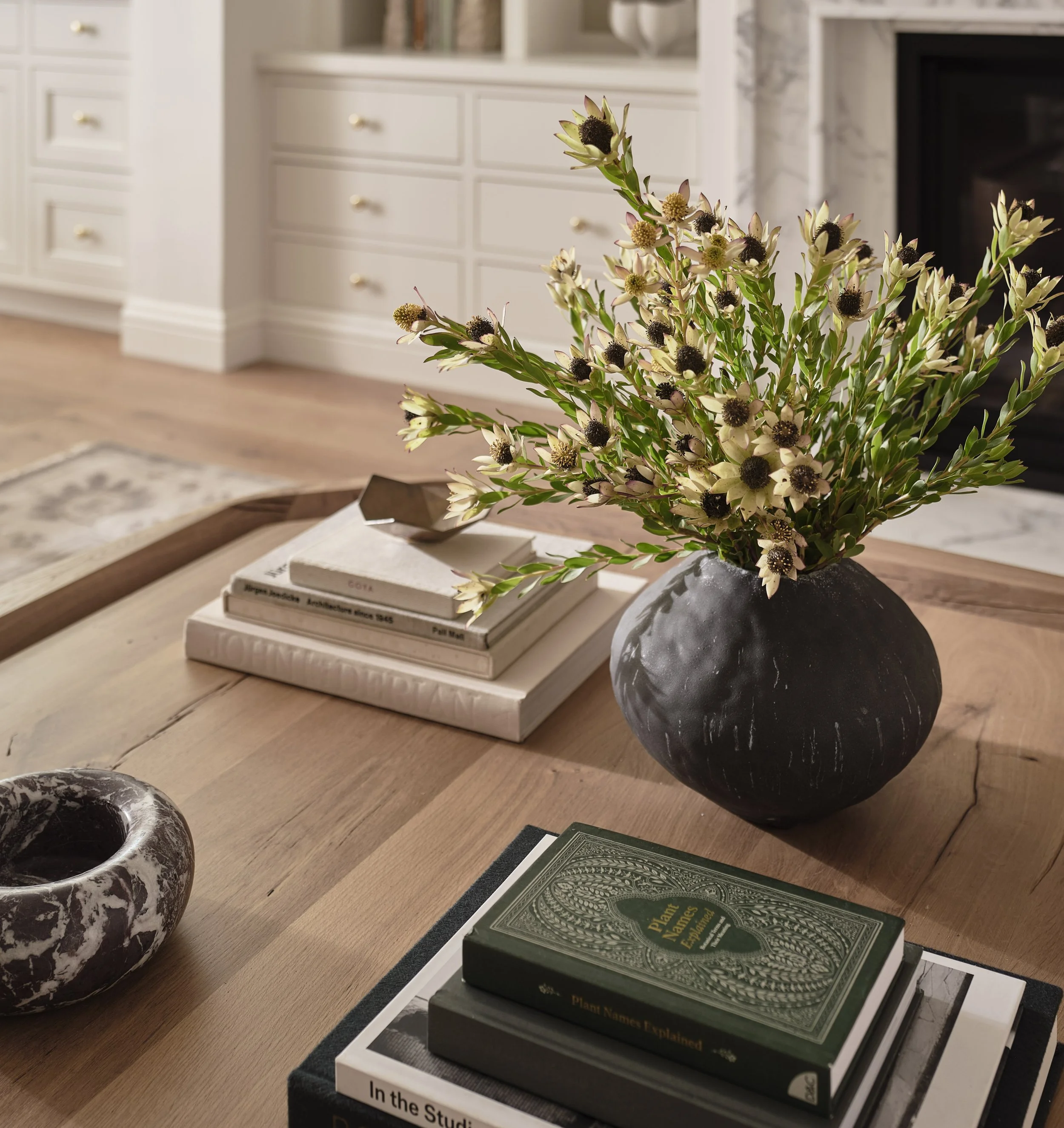 Custom shelving and refined finishes create a timeless living area in this Addition & Full Home Remodel.