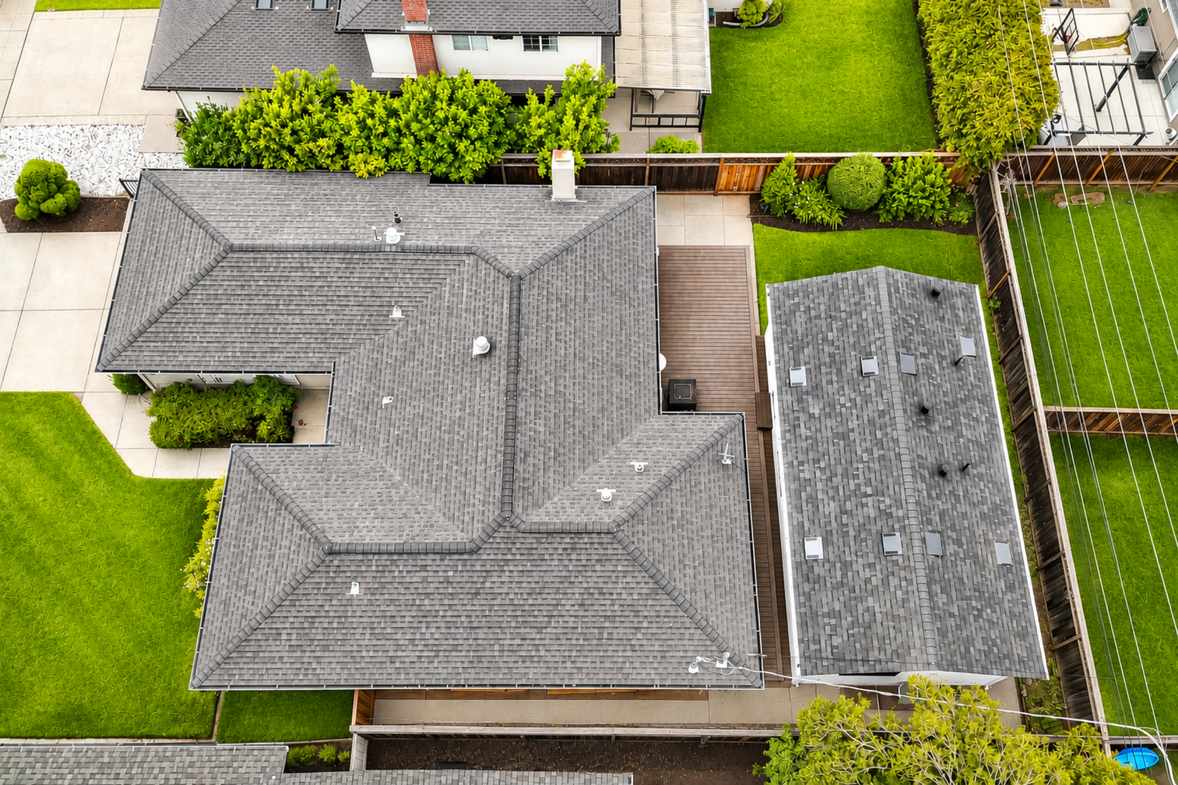 Aerial view of this detached ADU in San Jose, showcasing a seamless layout beside the existing home.