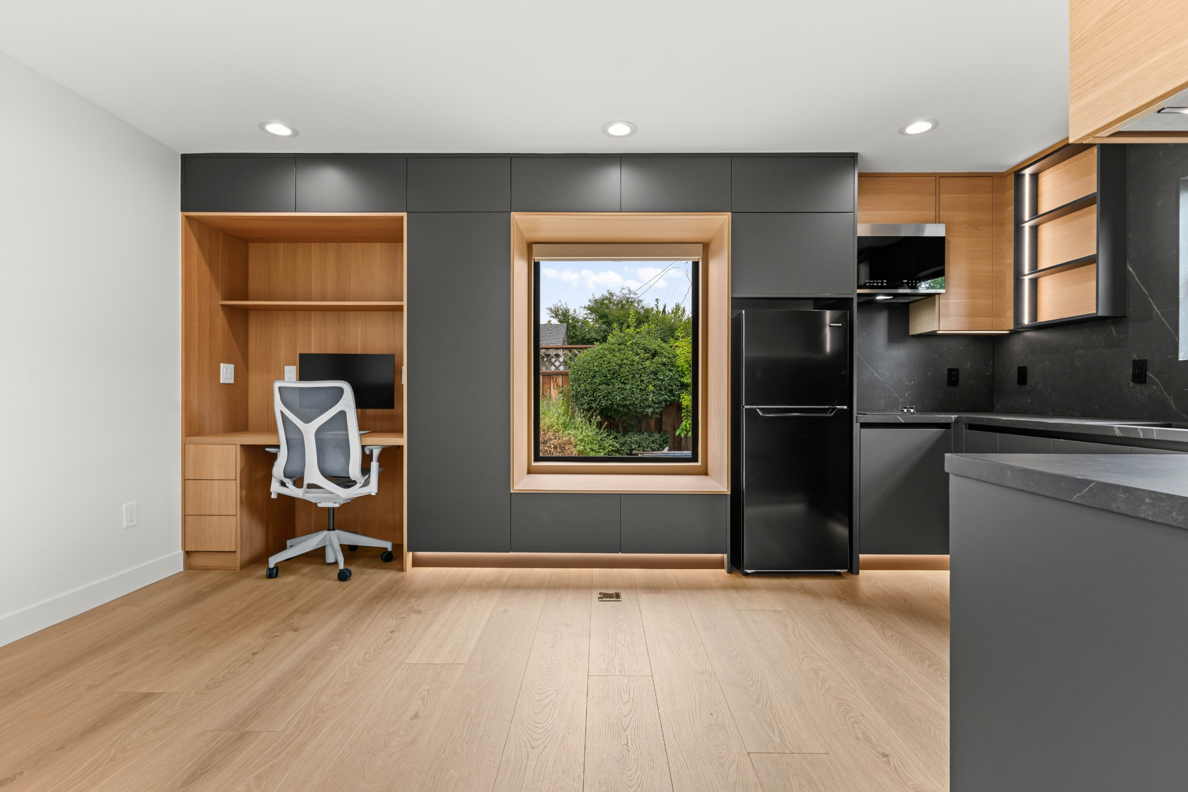 Modern ADU in San Jose with custom built-in office, designer cabinetry, and an open, functional living space.