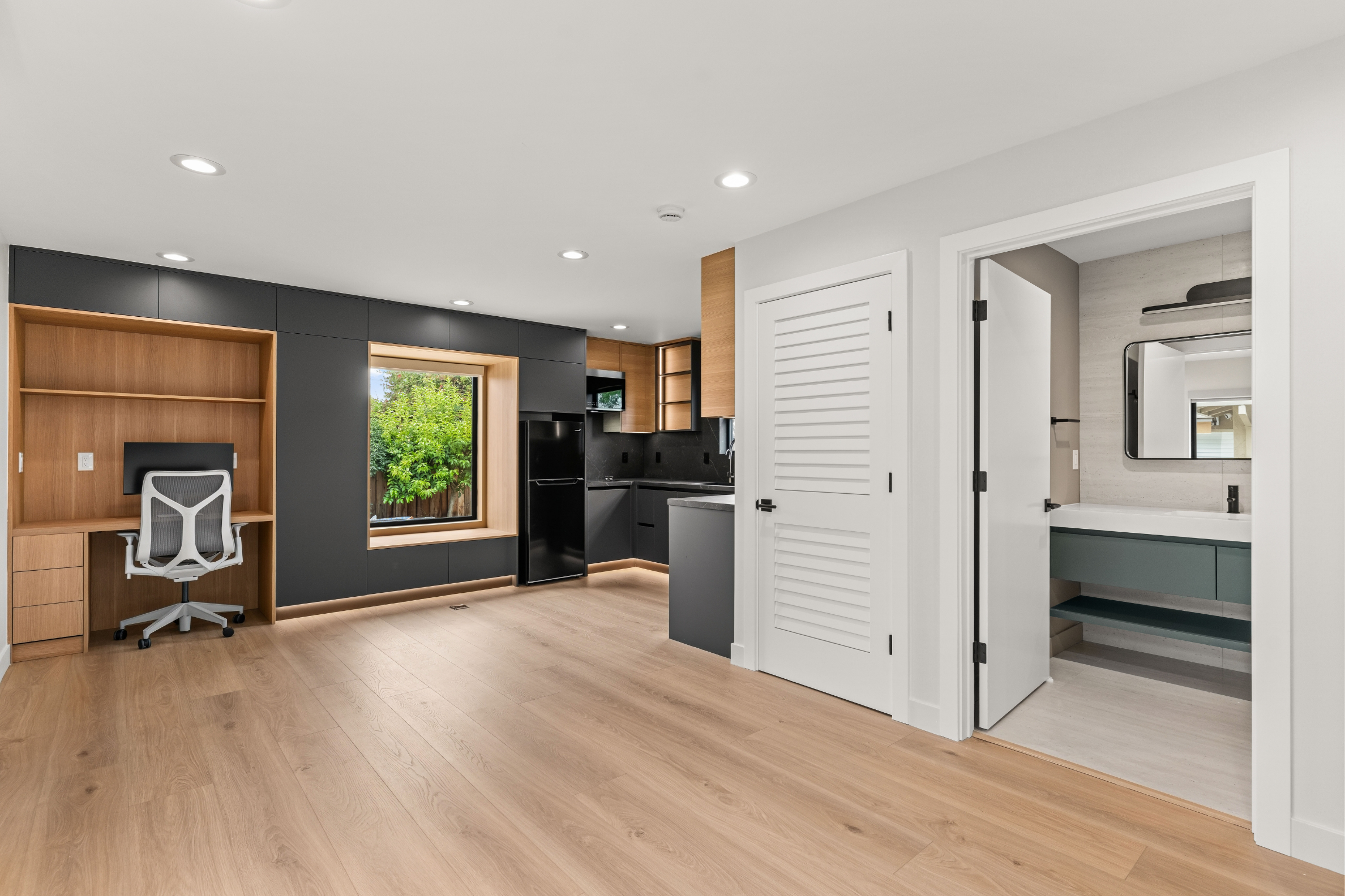 Open-concept Accessory Dwelling Unit in San Jose with custom built-ins, modern kitchen, and spacious layout.