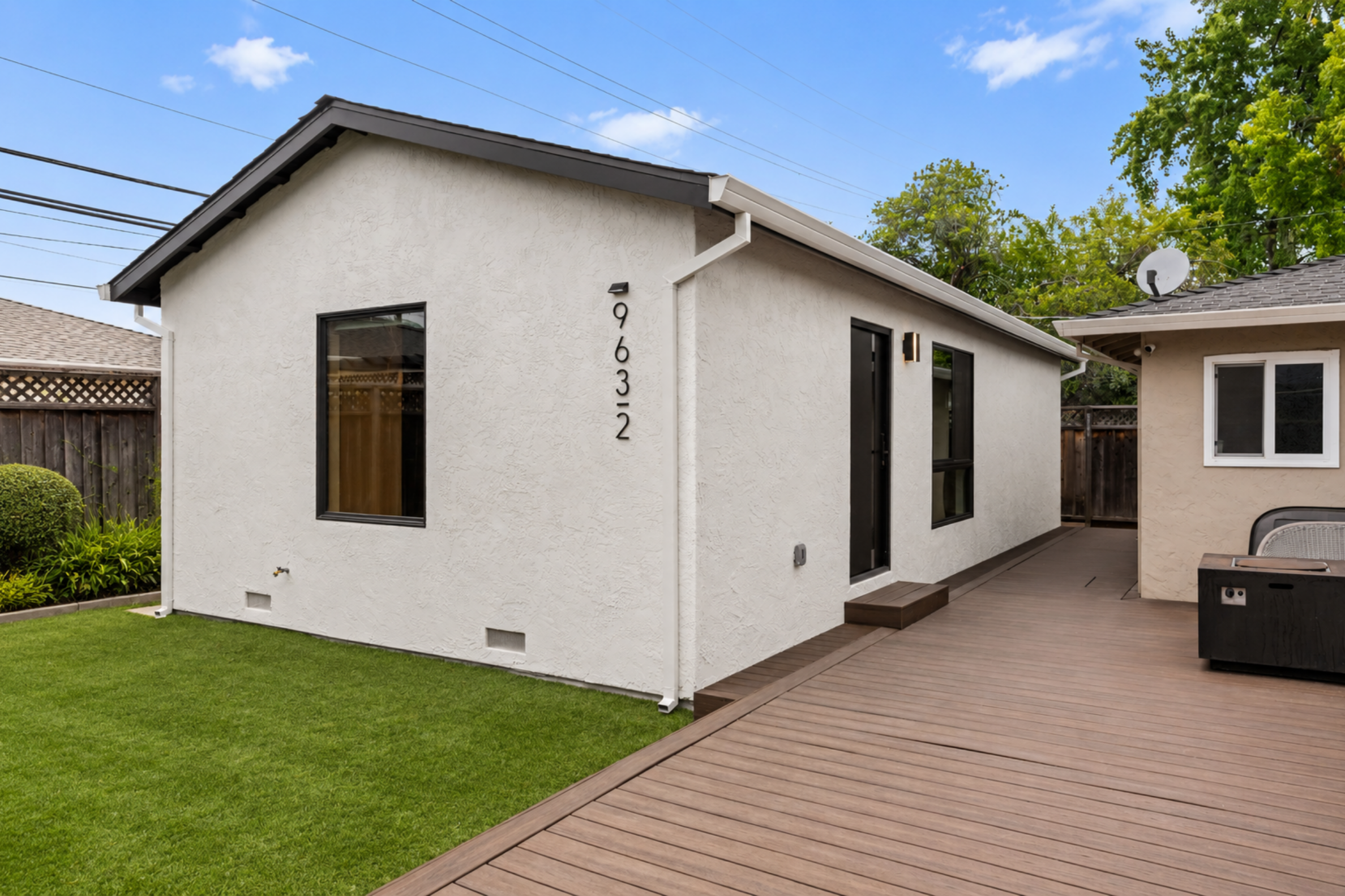 Detached Accessory Dwelling Unit in San Jose featuring modern stucco, composite decking, and private entry.
