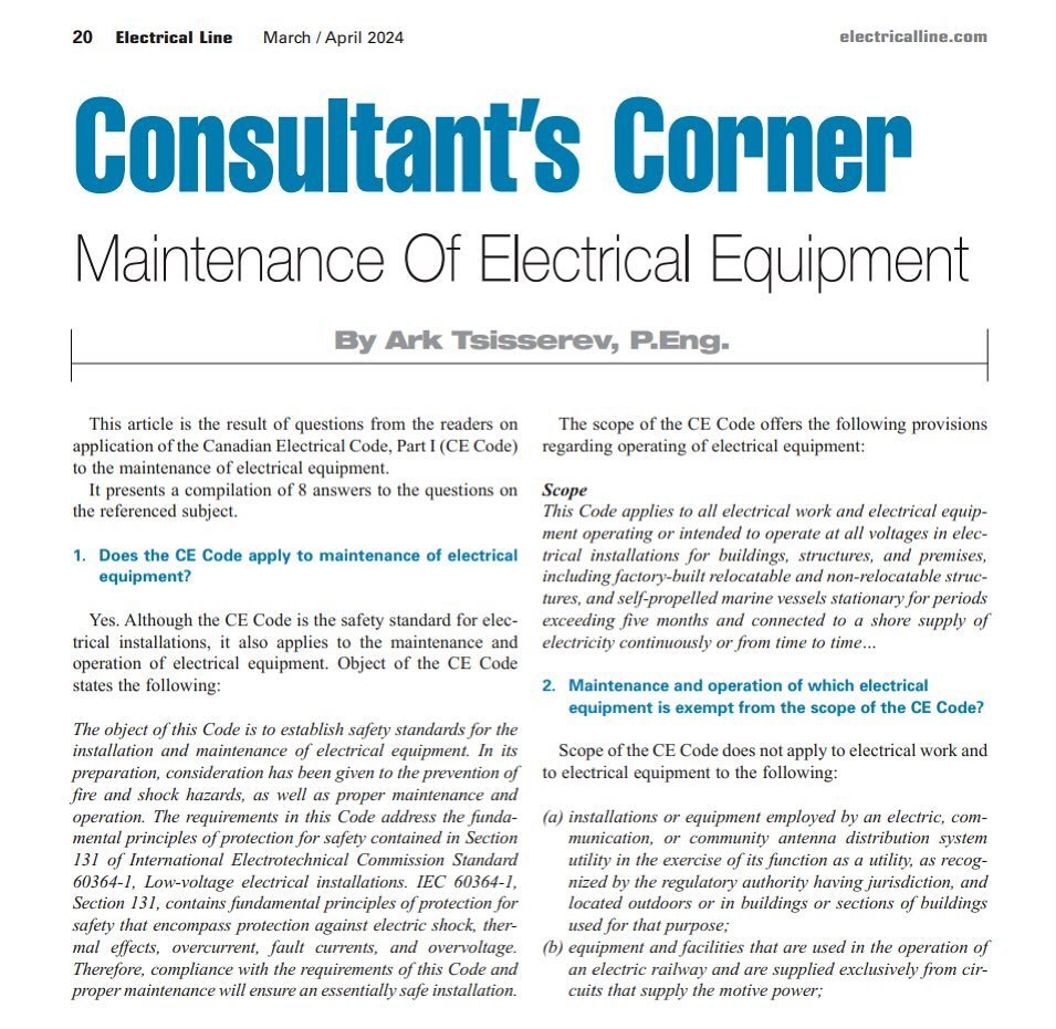 Fresh of the press! Check out AES Principal, Ark Tsisserev&rsquo;s Consultants Corners article &ldquo;Maintenance of Electrical Equipment&rdquo;, in the May issue of Electrical Line Magazine. Written as a result of questions from readers about the ap