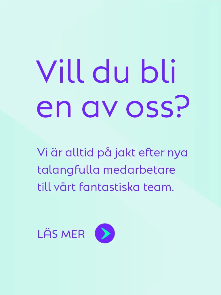 Text i bilden som säger "Vill du bli en av oss?" och information om att rekrytering pågår för talangfulla medarbetare till ett team, samt en knapp med texten "LÄS MER".