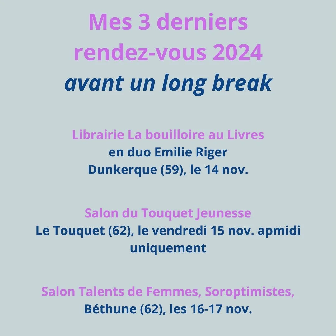 🔹 3 rdv pour se voir, se retrouver, papoter. 🔹

Ensuite, je vais lever le pied sur les salons avant un prochain roman 🤞🍀🤞, &eacute;crire, &eacute;crire, &eacute;crire, me recentrer sur mes activit&eacute;s et projets (ateliers d&rsquo;&eacute;cr