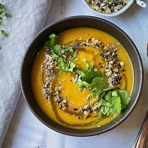Butternut squash soup with dukkah, by Sonnda Catto, Nutritionist, Glasgow, Scotland
