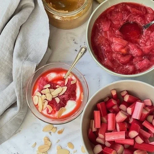 Calcium-rich dessert or snack for bone health: strawberry rhubarb compote, yoghurt and almonds by Sonnda Catto, Nutritionist, Glasgow, Scotland