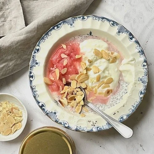 Rhubarb & rose breakfast chia by Sonnda Catto, Nutritionist, Glasgow, Scotland