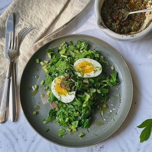 Beetroot tops, lovage chermoula & jammy egg on toast by Sonnda Catto, Nutritionist, Glasgow, Scotland