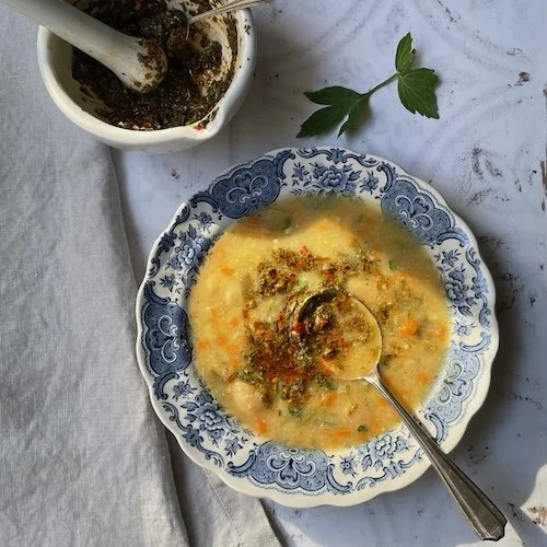 White bean soup with lovage chermoula, a good source of plant-based calcium for bone health by Sonnda Catto, Nutritionist, Glasgow, Scotland