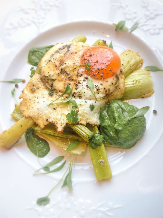 Roasted celery · Crispy fried egg · Coriander coconut kefir cream