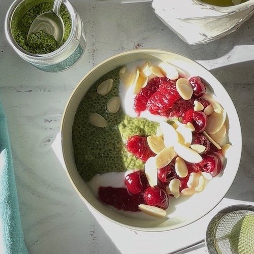 Matcha chia with sour cherries & almonds, by Sonnda Catto, Nutritionist, Glasgow, Scotland