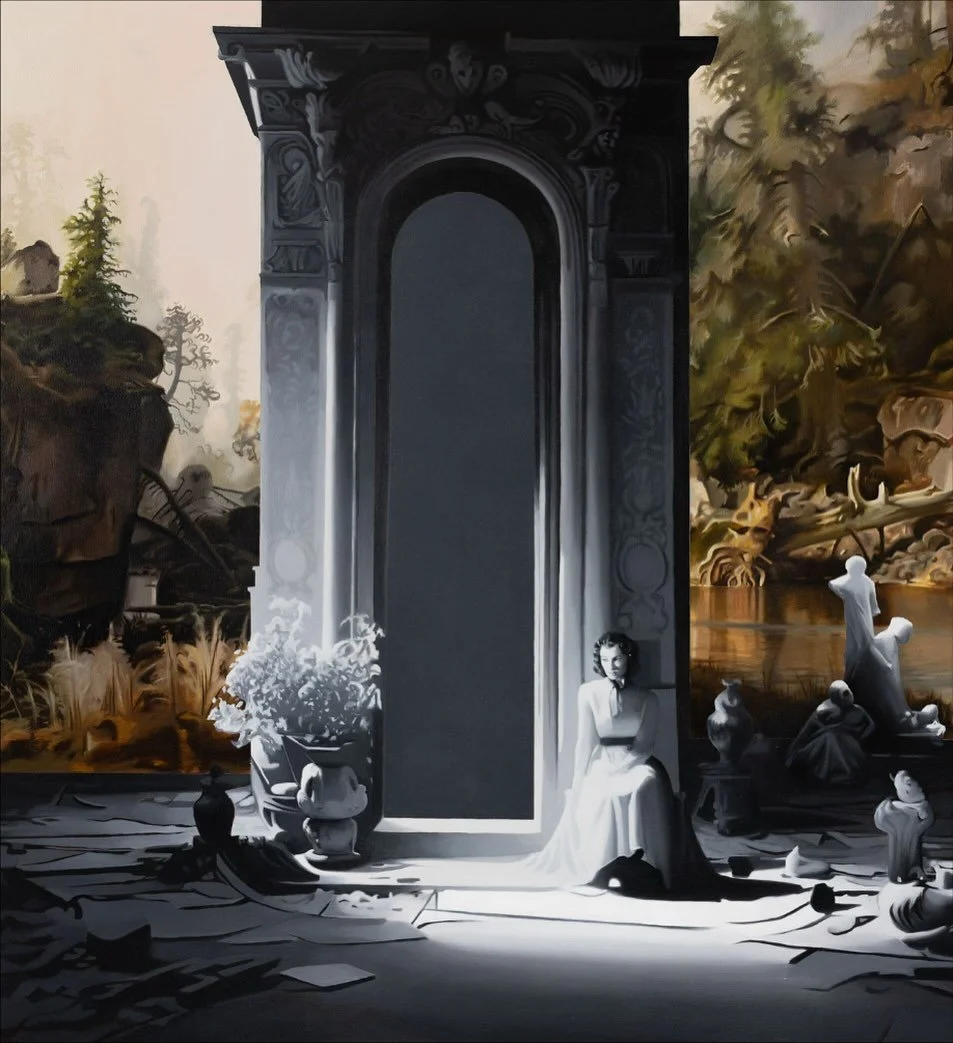 This painting of Hedy Lamar sitting in front of a portal is one of the larger works in Hinterlands at Kristin Hjellegjerde Gallery. 

Lamarr was more than a screen siren&mdash;she co-invented frequency hopping technology that paved the way for Wi-Fi.