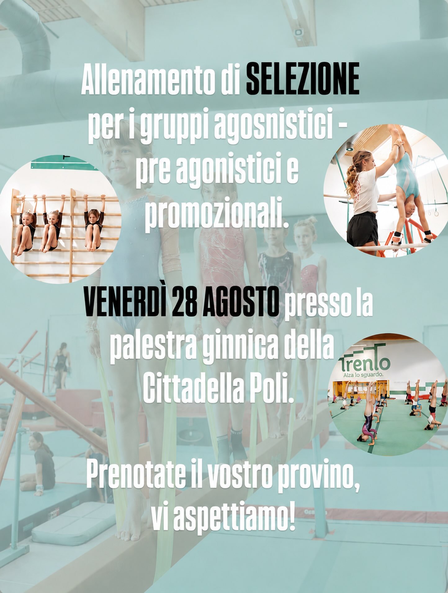 28 AGOSTO giornata orientamento per i corsi su selezione! 🤸🏼&zwj;♀️
In vista della prossima stagione sportiva ,ormai alle porte, abbiamo organizzato una giornata di selezione,  VENERDI&rsquo; 28 AGOSTO presso la ginnica nella Cittadella Poli al 2 p
