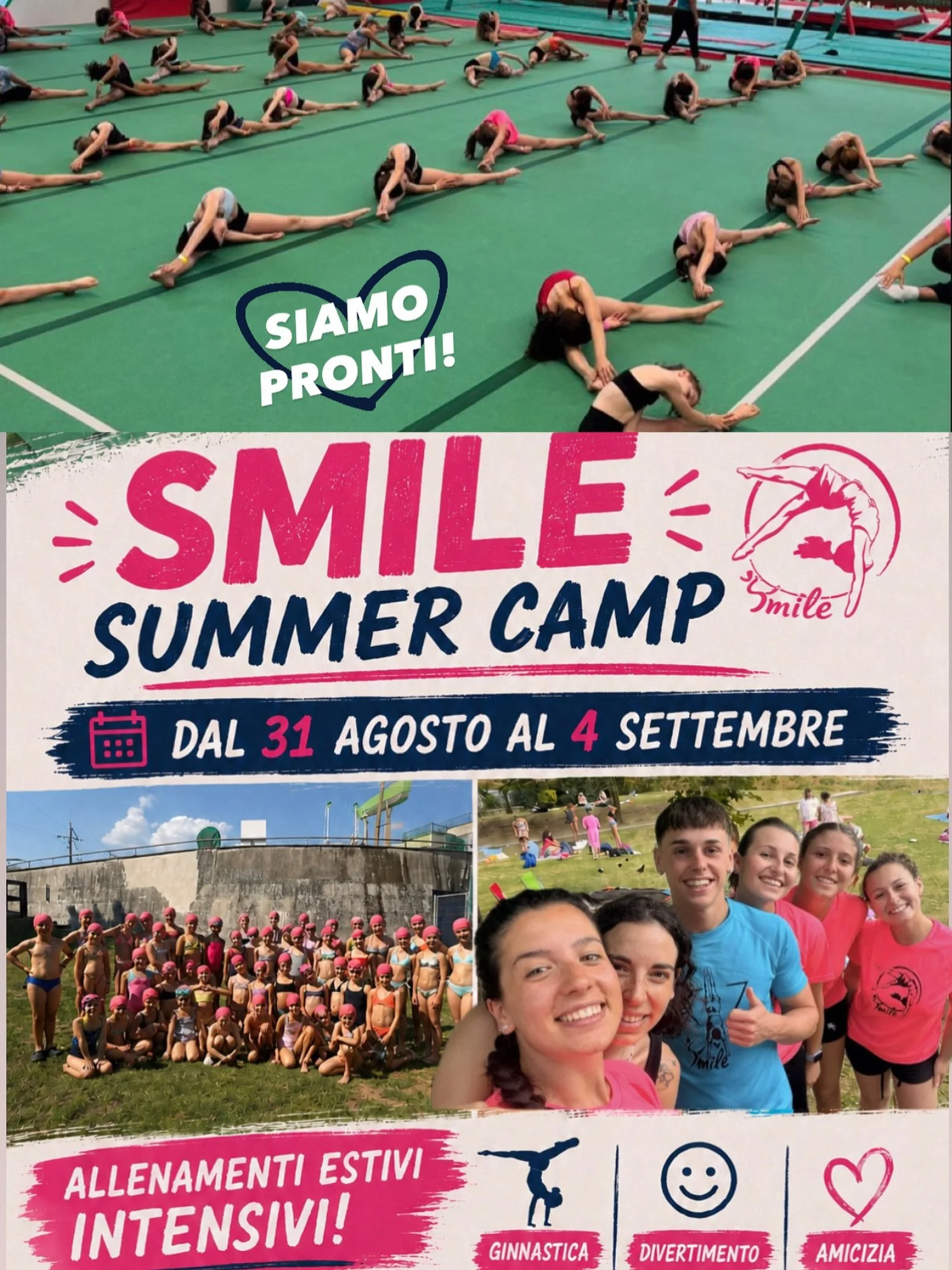 Ultima settimana di Smile Summer Camp! SIAMO PRONTI 💪🏻
🗓️Dal 31 agosto al 4 settembre 
Ginnastica &bull; Divertimento &bull; Amicizia 
Allenamenti estivi intensivi