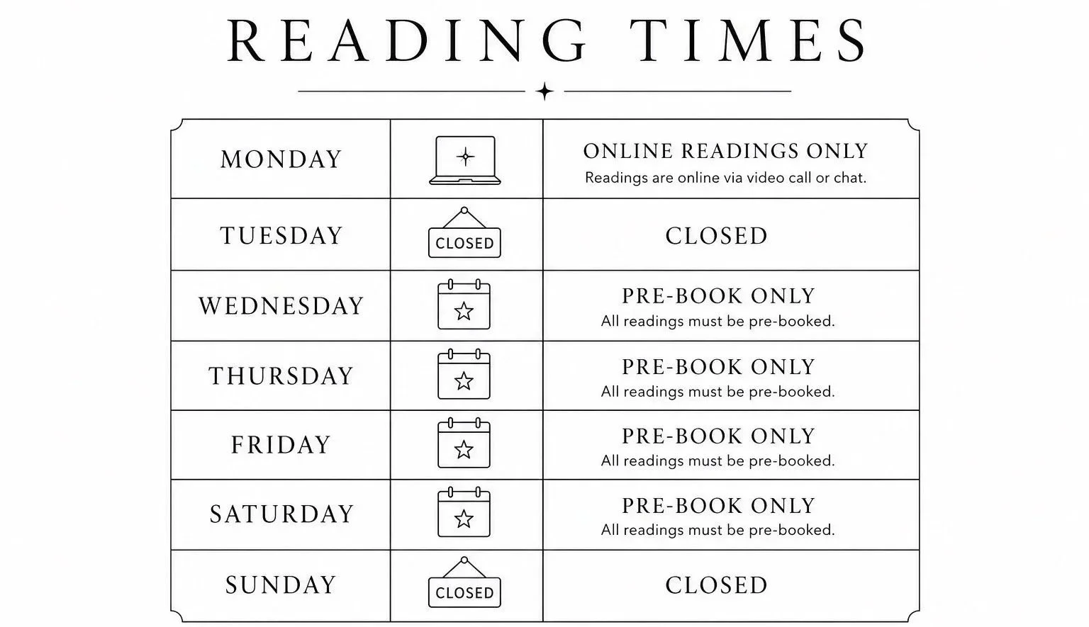 Weekly reading schedule chart with icons and notes. Monday is online readings only, Tuesday is closed, Wednesday to Saturday are pre-book only, and Sunday is closed.