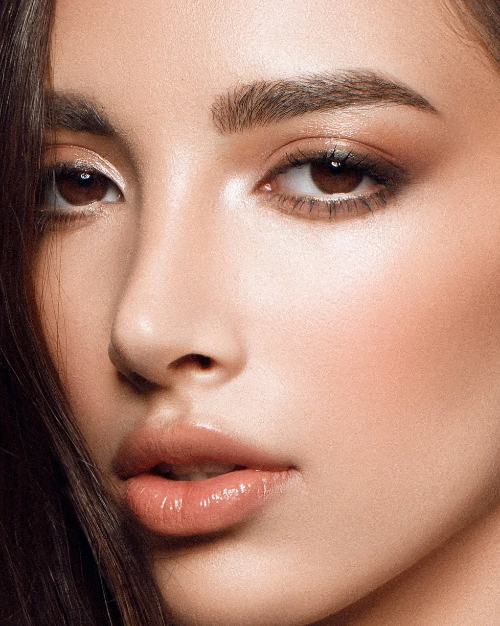Close-up of a woman's face showcasing detailed makeup, including eye makeup, eyebrows, and glossy lips.