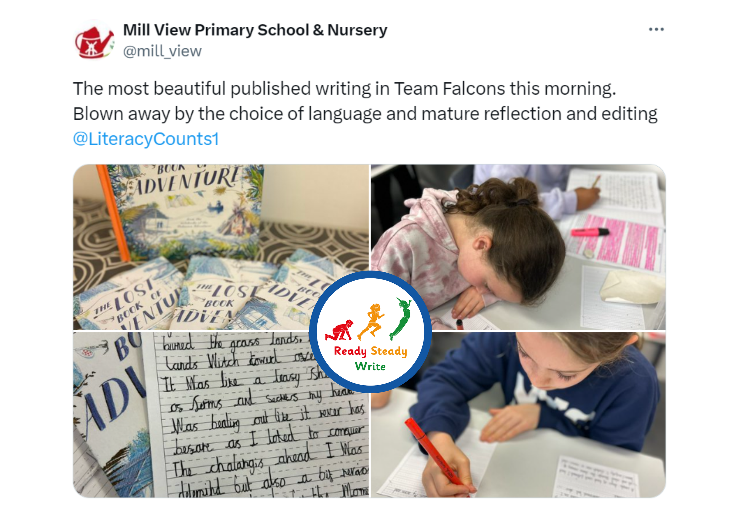 Tweet from Mill View showcasing their implementation of a structured primary writing scheme with consistent impact