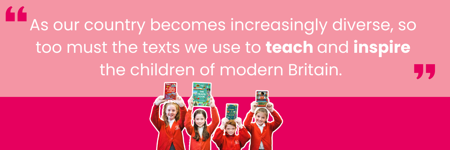 Primary school children holding books alongside a message about diverse and inclusive texts in reading and literacy teaching.