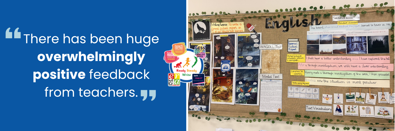 Ready Steady Write English working wall and positive teacher feedback in an international school classroom.