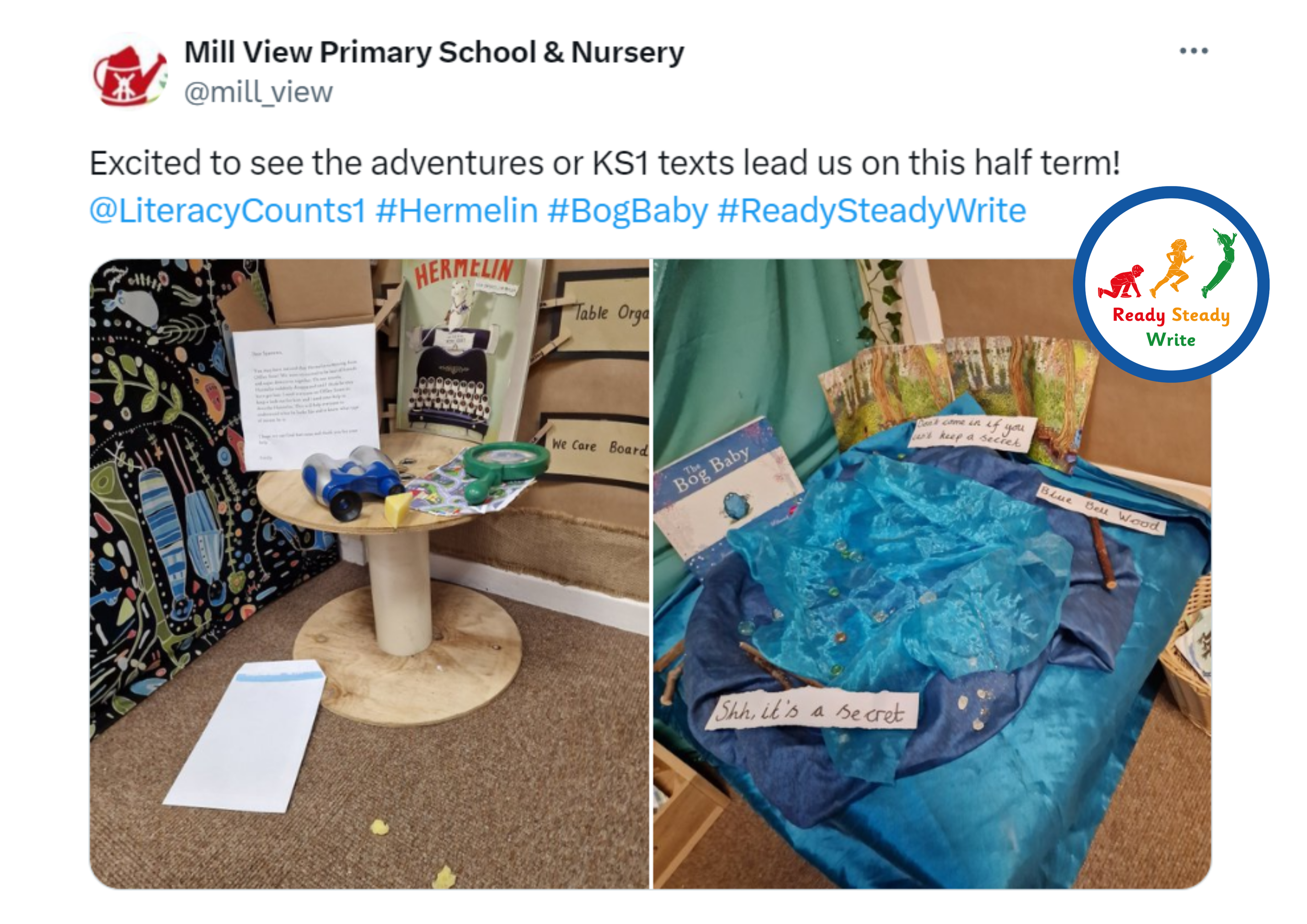 Tweet showcasing oracy and writing resources KS2, with children engaging in Booktalk and discussion