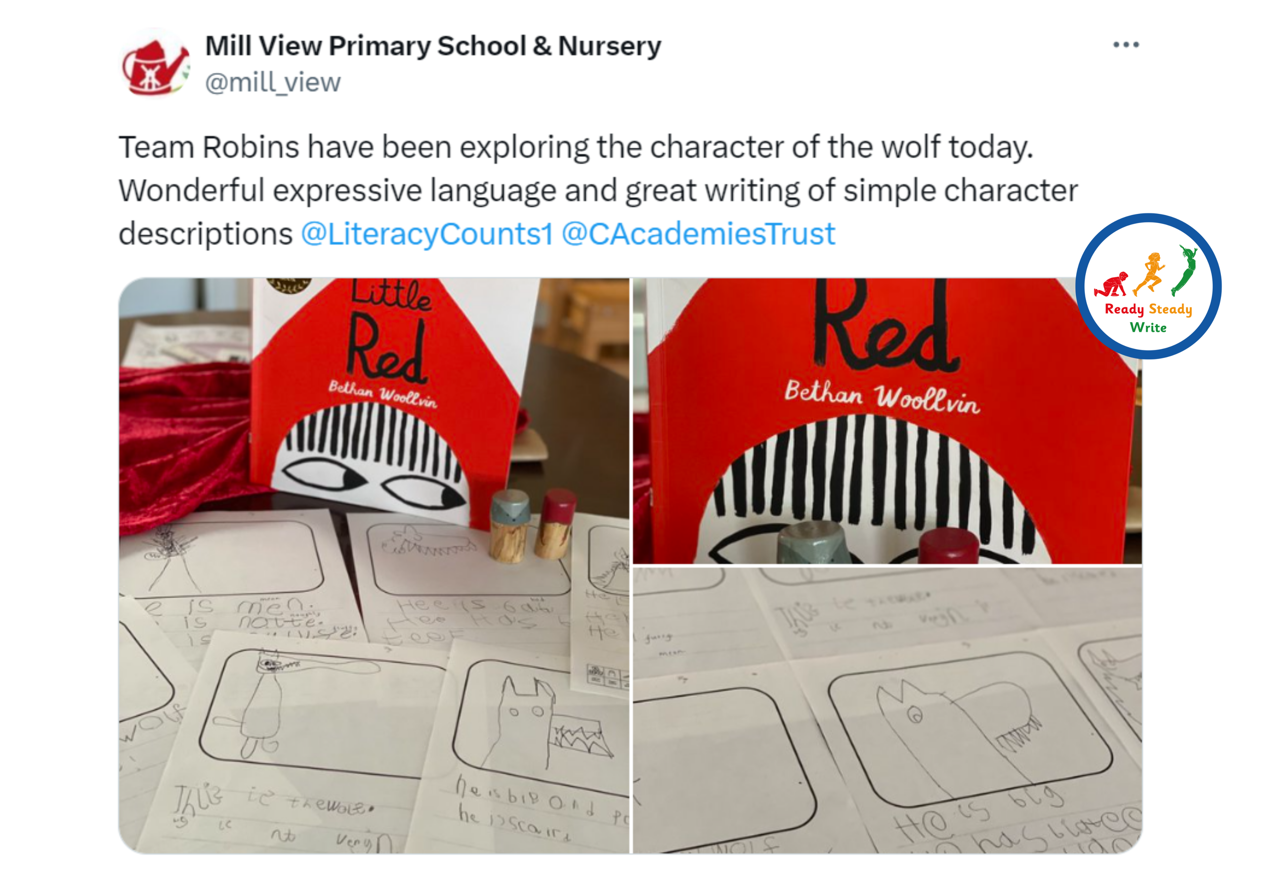 Screenshot of Mill View Primary celebrating final writing outcomes from EYFS to Year 6 using Ready Steady Write