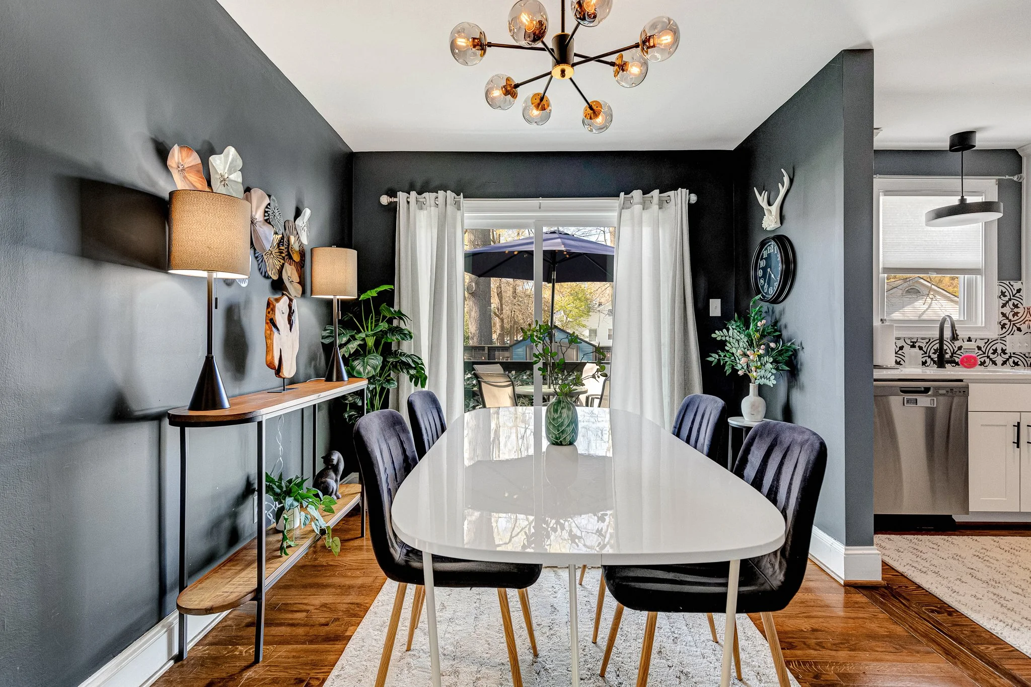 The dining room is a beautiful gathering space for family meals.