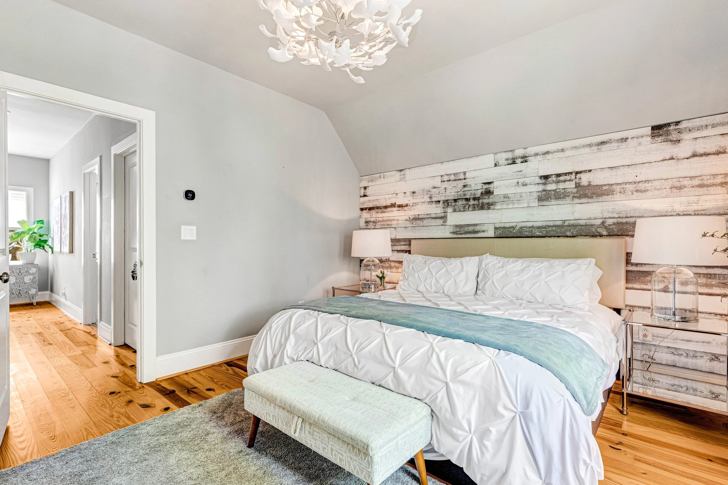 The entire top floor belongs to the Master Suite, with luxurious bedding and a private soaking tub.