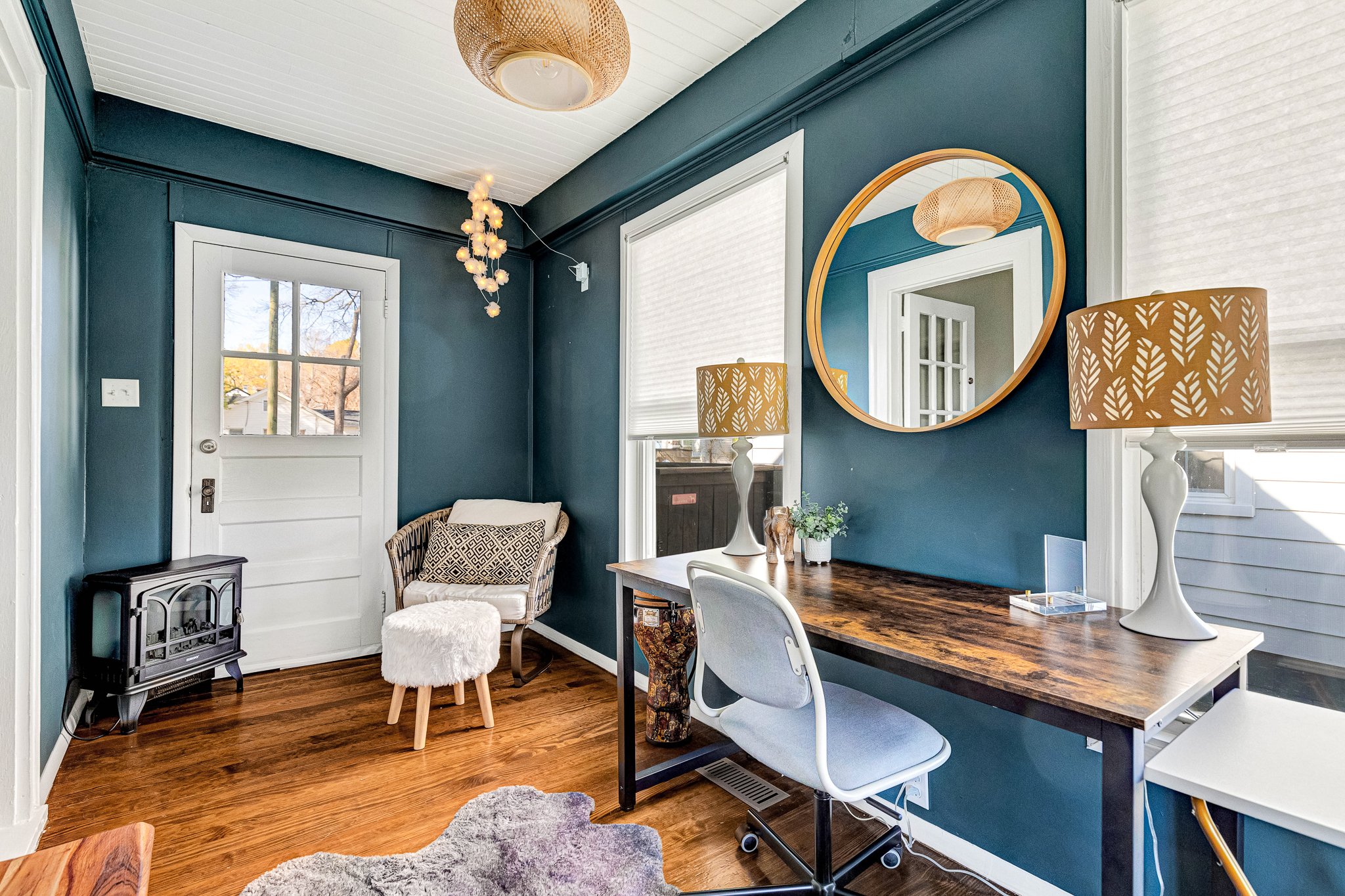 Dedicated workspace with a wooden desk, ideal for remote work or kids play.