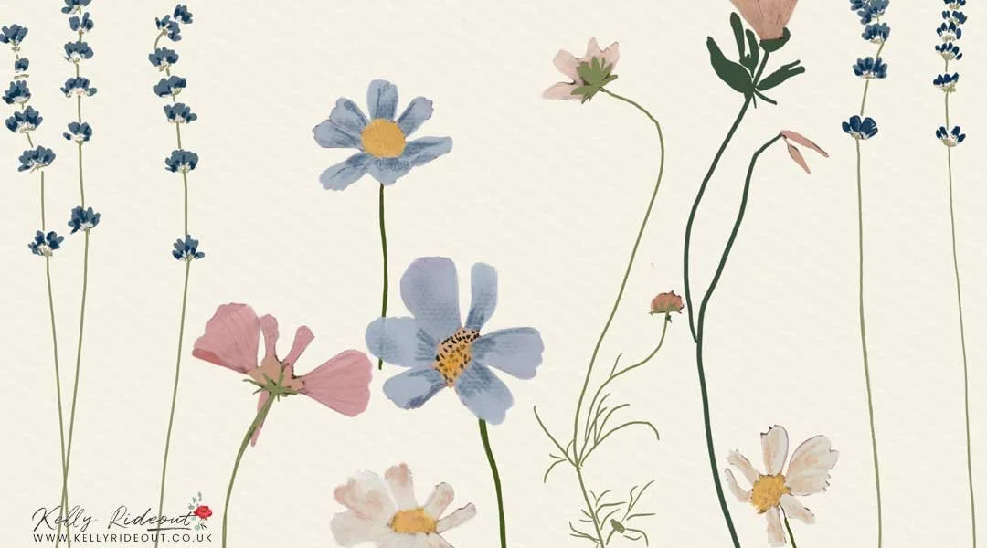 Watercolor illustration of various wildflowers, including lavender, daisies, poppies, and other blossoms on a light background.