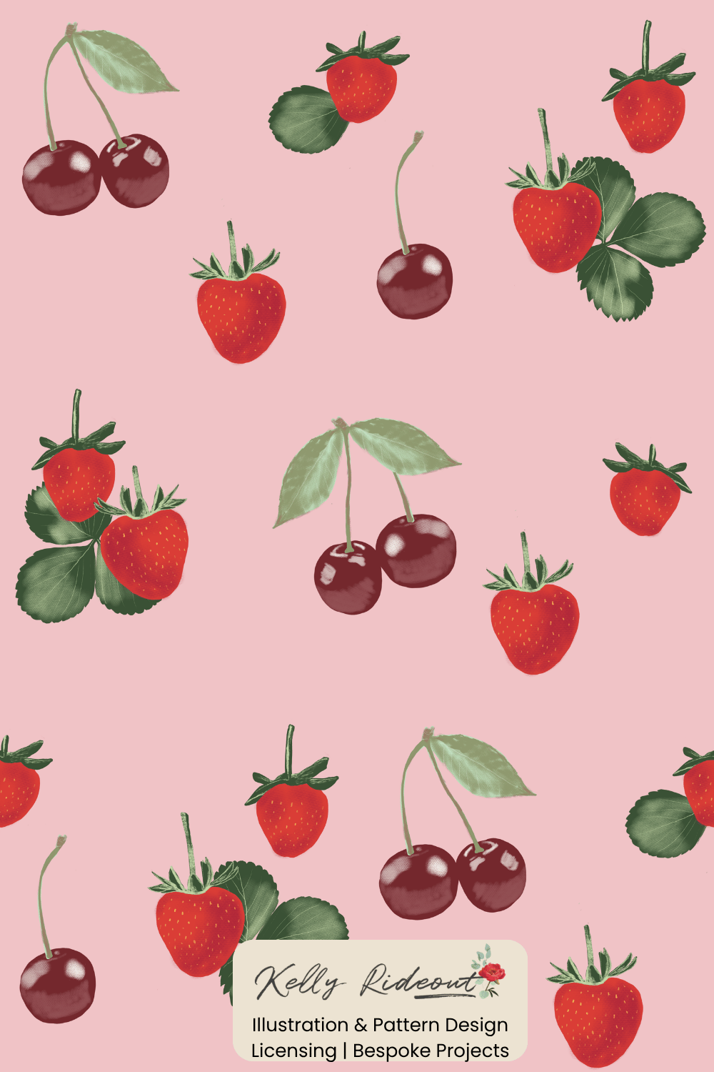 Hand illustrated strawberry and cherry illustrated on pink background Pattern for art licensing