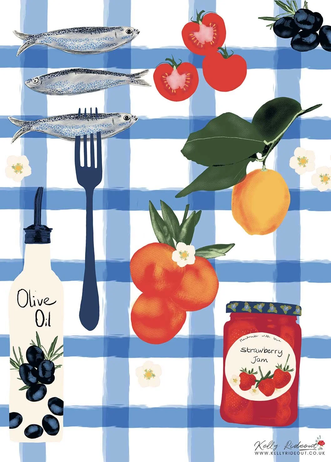 Illustration of fresh fish, tomatoes, blueberries, an orange, bunch of mandarins, a bottle of olive oil, and a jar of strawberry jam on a blue and white checkered tablecloth. Surface pattern design illustration copyrighted to Kelly Rideout