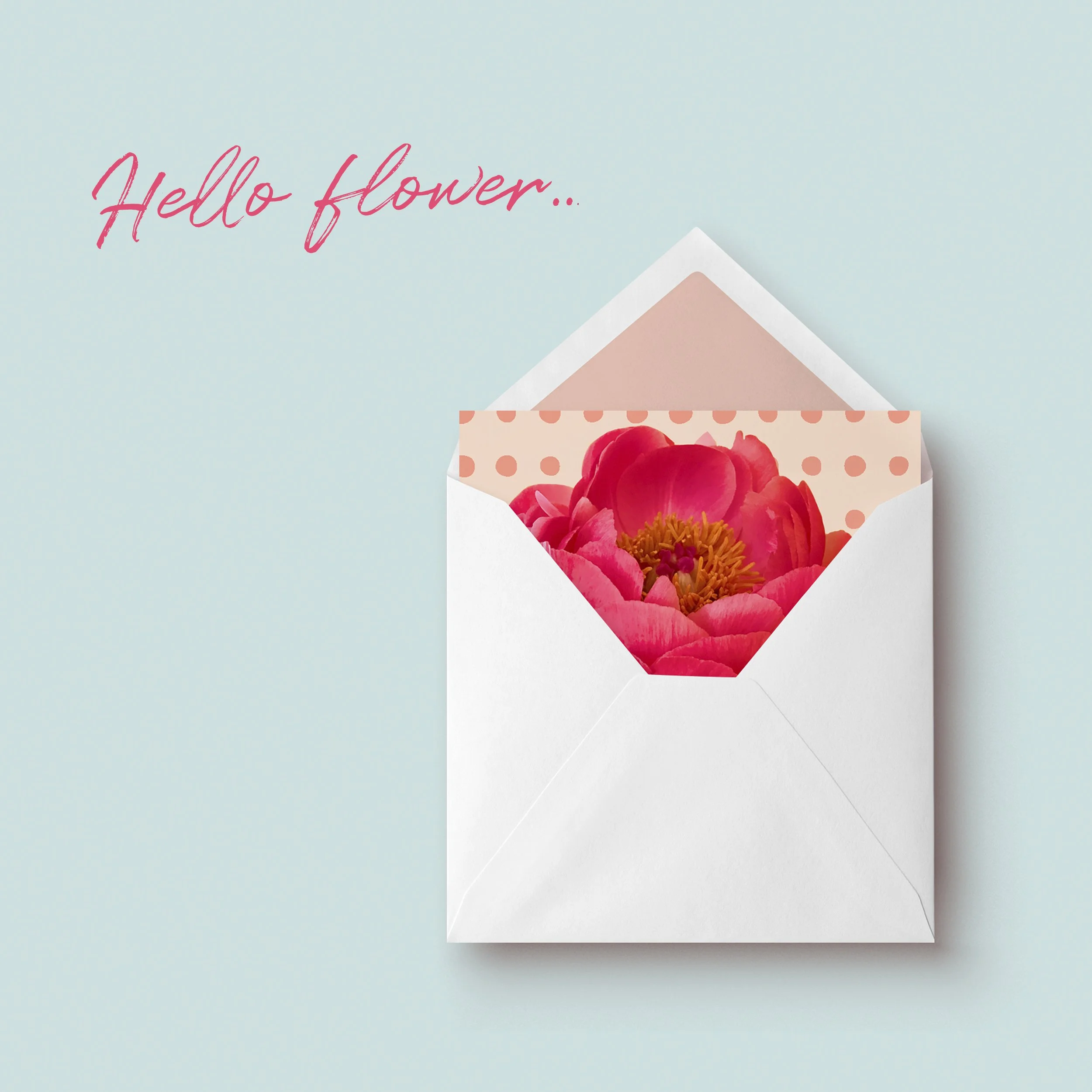 A white envelope with pink polka dot lining open to reveal a pink flower inside, with the text "Hello flower..." in pink cursive in the top left corner.