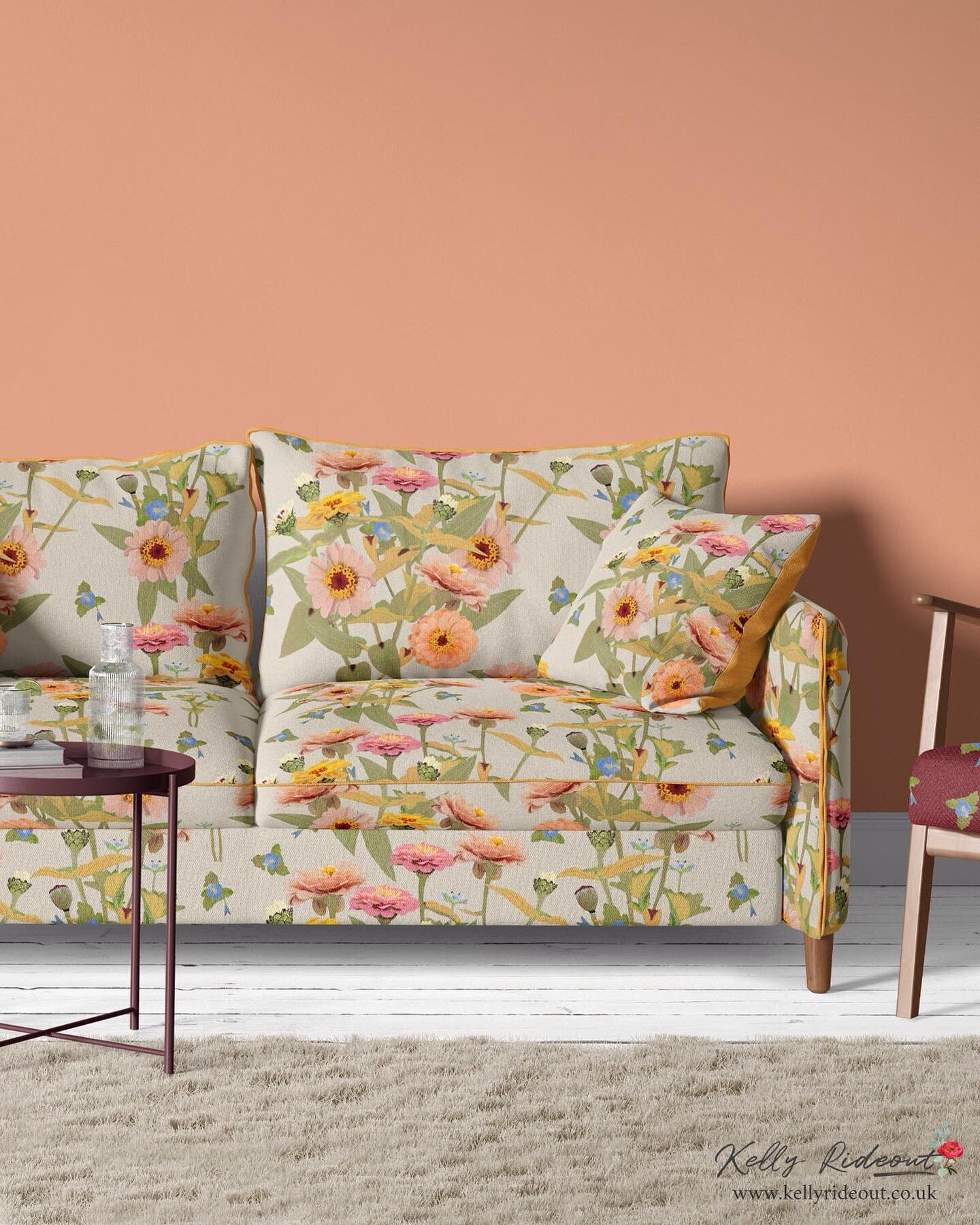 I could just sit on this sofa for a cup of tea and a piece of cake 🍰 

#sofa pattern Chintz Charm 

#chintz #chintzfabric #zinnias #florals #printandpattern #printdesign #pantonepeachfuzz #peachfuzz #floralfabric #chintzrefresh 

#printandpattern