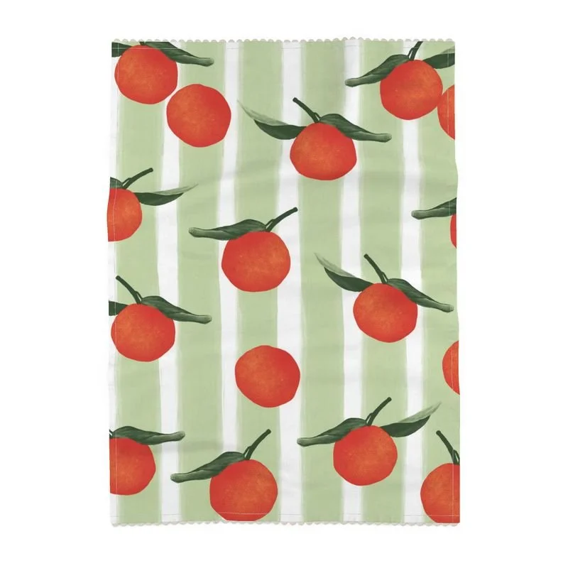 Image 1 of 1 Orange Green Hand Painted Stripes Illustration Tea Towel Cotton-Linen