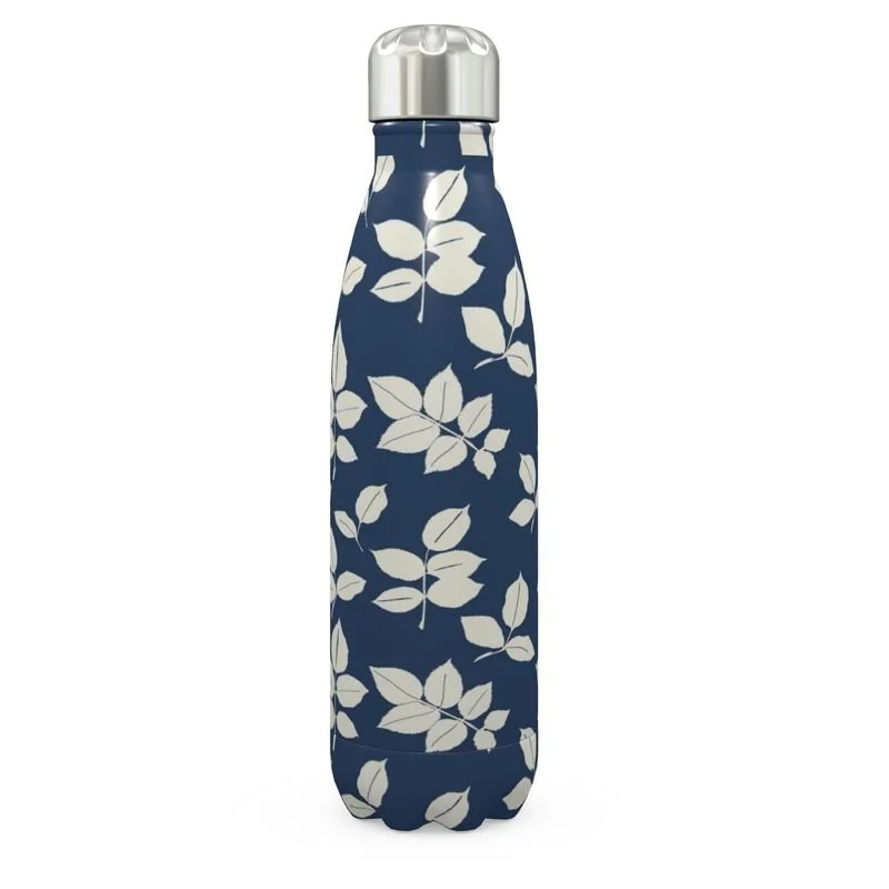 Blue Rose Leaf Silhouette Thermal Bottle (500ml / 17oz) | Hand Drawn Art | Eco Hydration
