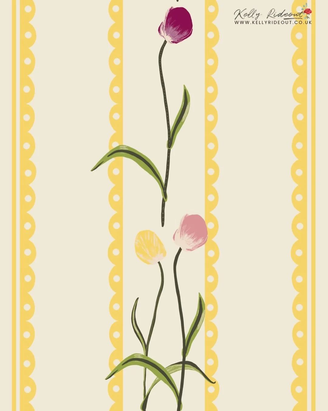Beautiful refreshing yellows for spring and summer. These hand drawn tulips are mixed with bold stripe repeating patterns. 

While florals trace all the way back to ancient Egypt and Mesopotamia to symbolize sacred nature, stripes evolved from mariti