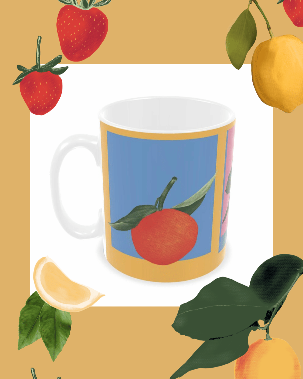 A white ceramic mug with a colorful design featuring a red orange with green leaves, on a beige background surrounded by strawberries, a lemon, a lemon wedge with two green leaves, and a yellow-orange fruit with green leaves.