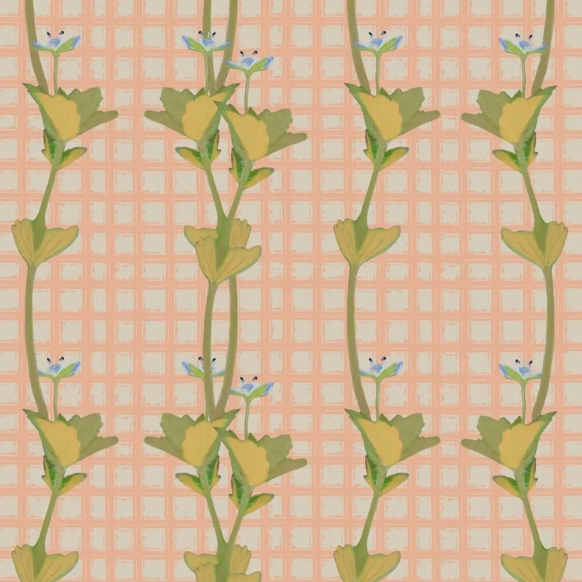 Repeating Surface Pattern Design featuring green plants with small blue flowers set against a pink | peach hand drawn grid trellis background.
