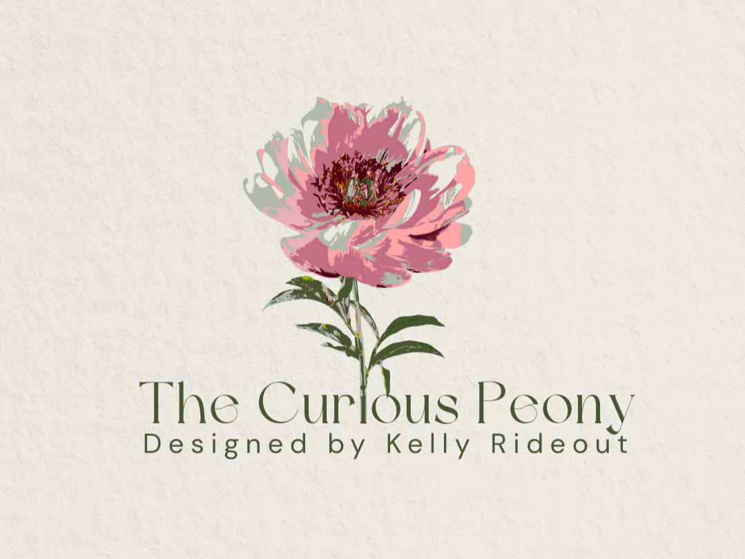 A pink and white peony flower with green leaves, and text reading "The Curious Peony, Shop Logo Designed by Kelly Rideout."