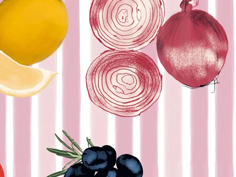 Red onion, olives and lemon hand illustration Tea Towel