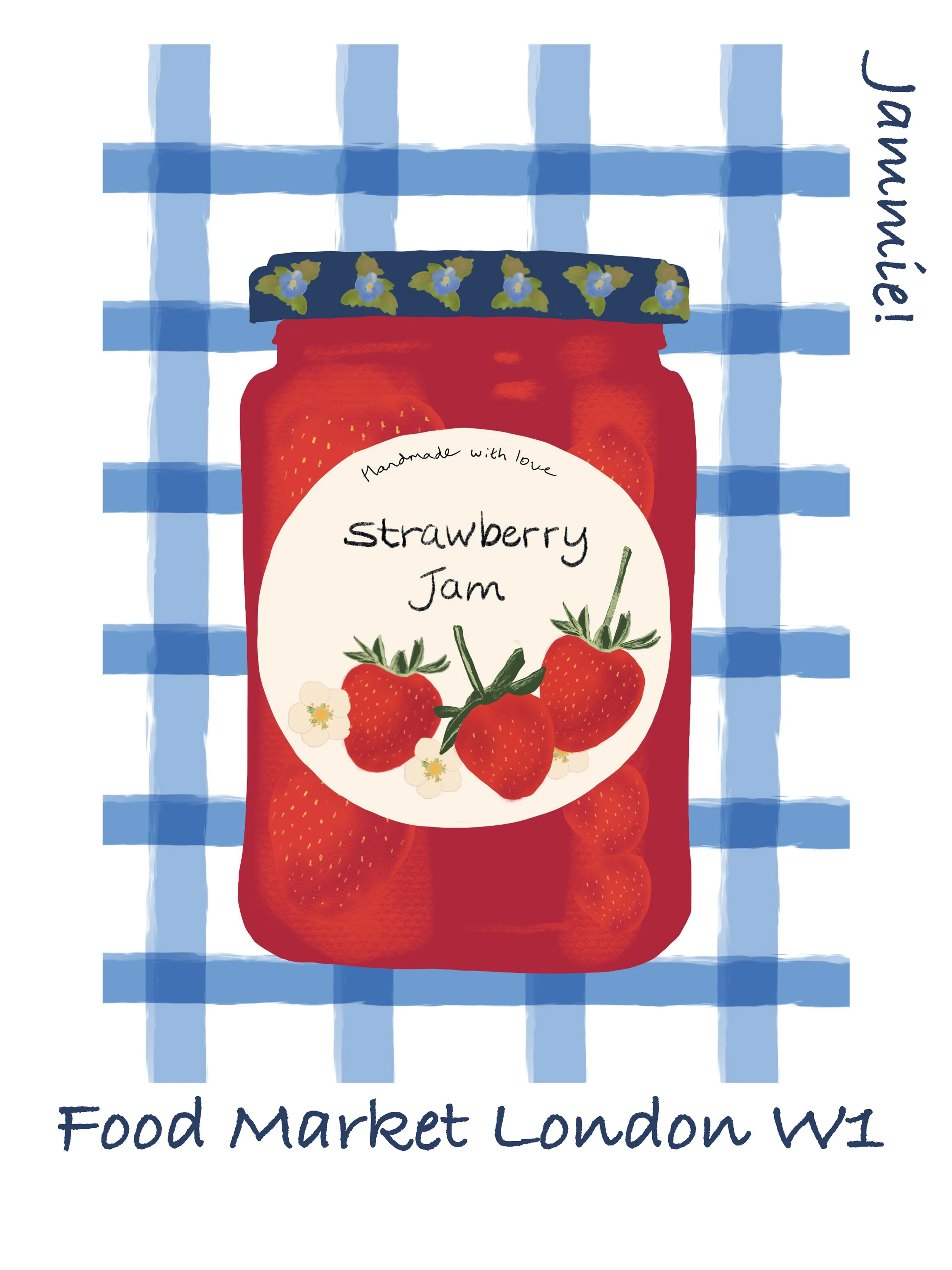 A jar of strawberry jam with a label featuring strawberries and white flowers, placed on a blue and white checkered cloth. Text on the image reads "Handmade with love" and "Food Market London W1" along the sides and bottom.