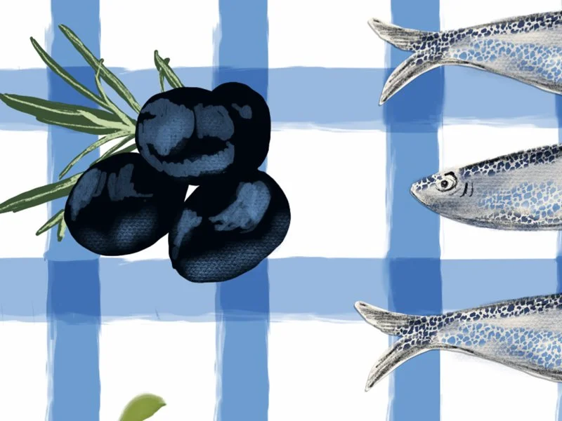 Market Fresh Picnic Hand drawn food olives teatowel